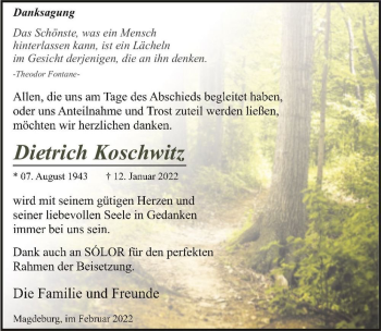 Traueranzeige von Dietrich Koschwitz  von Magdeburger Volksstimme