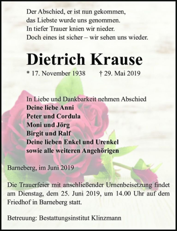 Traueranzeige von Dietrich Krause  von Magdeburger Volksstimme
