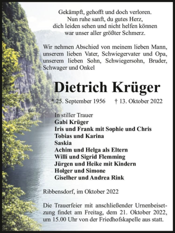 Traueranzeige von Dietrich Krüger  von Magdeburger Volksstimme