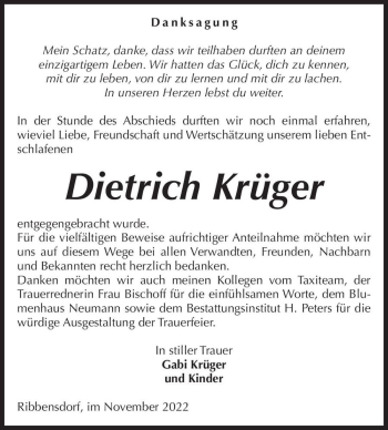 Traueranzeige von Dietrich Krüger  von Magdeburger Volksstimme