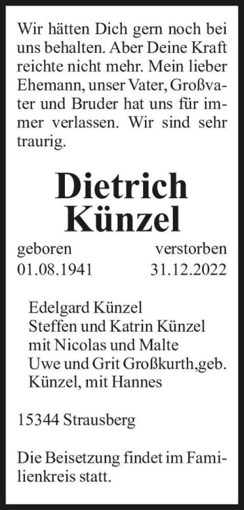 Traueranzeige von Dietrich Künzel  von Magdeburger Volksstimme