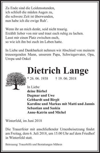 Traueranzeige von Dietrich Lange  von Magdeburger Volksstimme