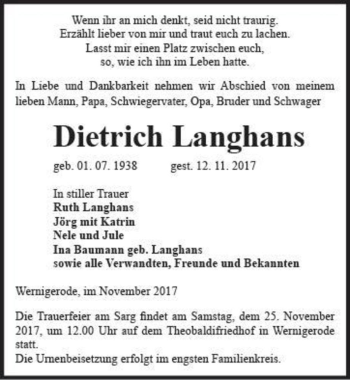 Traueranzeige von Dietrich Langhans  von Magdeburger Volksstimme