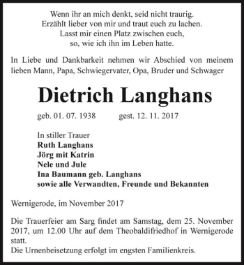 Traueranzeige von Dietrich Langhans  von Magdeburger Volksstimme