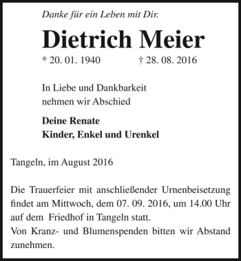 Traueranzeige von Dietrich Meier  von Magdeburger Volksstimme