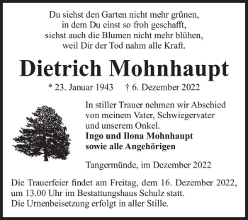 Traueranzeige von Dietrich Mohnhaupt  von Magdeburger Volksstimme