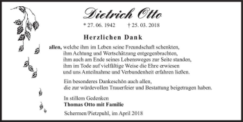 Traueranzeige von Dietrich Otto  von Magdeburger Volksstimme