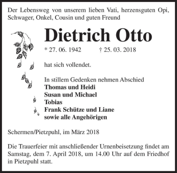 Traueranzeige von Dietrich Otto  von Magdeburger Volksstimme