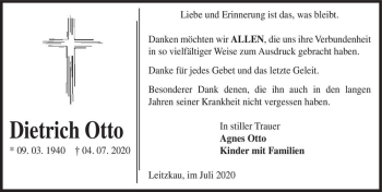 Traueranzeige von Dietrich Otto  von Magdeburger Volksstimme