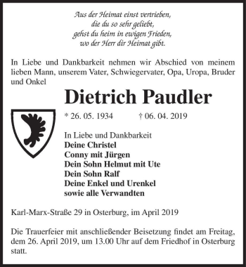 Traueranzeige von Dietrich Paudler  von Magdeburger Volksstimme