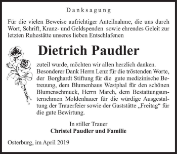 Traueranzeige von Dietrich Paudler  von Magdeburger Volksstimme