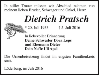Traueranzeige von Dietrich Pratsch  von Magdeburger Volksstimme