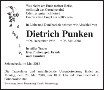 Traueranzeige von Dietrich Punken  von Magdeburger Volksstimme
