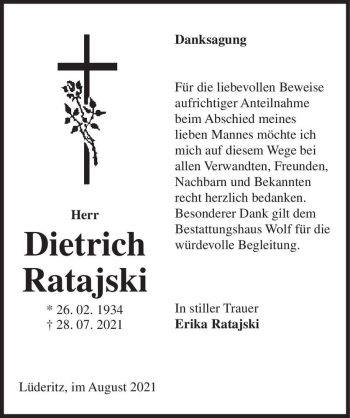 Traueranzeige von Dietrich Ratajski  von Magdeburger Volksstimme