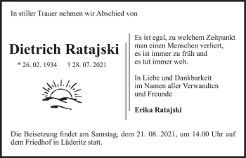 Traueranzeige von Dietrich Ratajski  von Magdeburger Volksstimme