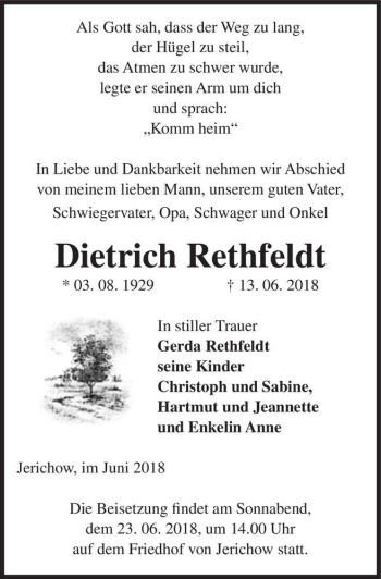 Traueranzeige von Dietrich Rethfeldt  von Magdeburger Volksstimme