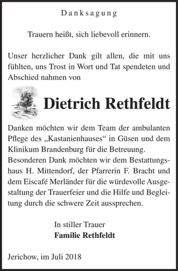 Traueranzeige von Dietrich Rethfeldt  von Magdeburger Volksstimme