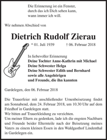 Traueranzeige von Dietrich Rudolf Zierau  von Magdeburger Volksstimme