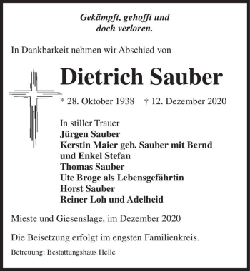 Traueranzeige von Dietrich Sauber  von Magdeburger Volksstimme