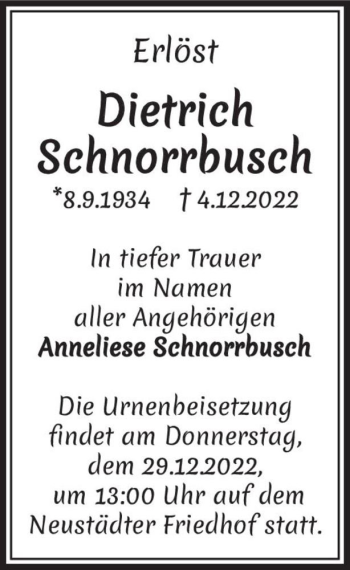 Traueranzeige von Dietrich Schnorrbusch  von Magdeburger Volksstimme