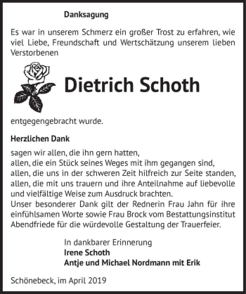 Traueranzeige von Dietrich Schoth  von Magdeburger Volksstimme