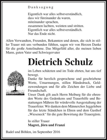 Traueranzeige von Dietrich Schulz  von Magdeburger Volksstimme