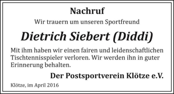 Traueranzeige von Dietrich Siebert 