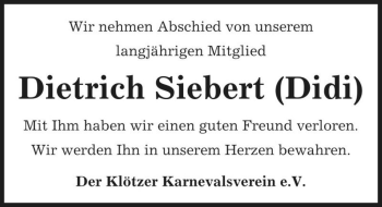 Traueranzeige von Dietrich Siebert 