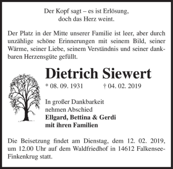 Traueranzeige von Dietrich Siewert  von Magdeburger Volksstimme