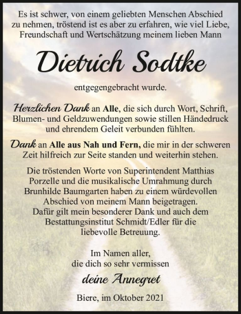 Traueranzeige von Dietrich Sodtke  von Magdeburger Volksstimme