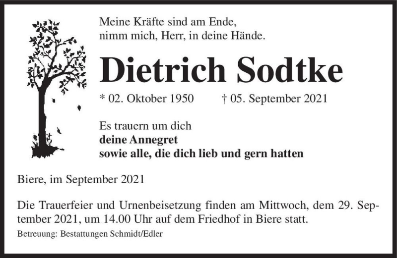  Traueranzeige für Dietrich Sodtke  vom 18.09.2021 aus Magdeburger Volksstimme
