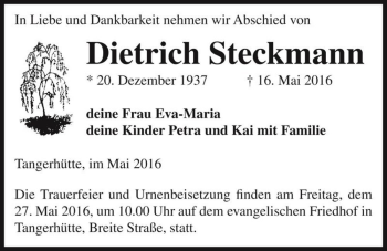 Traueranzeige von Dietrich Steckmann  von Magdeburger Volksstimme