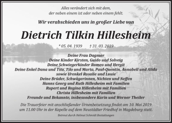 Traueranzeige von Dietrich Tilkin Hillesheim  von Magdeburger Volksstimme