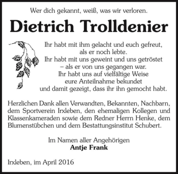 Traueranzeige von Dietrich Trolldenier  von Magdeburger Volksstimme