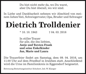 Traueranzeige von Dietrich Trolldenier  von Magdeburger Volksstimme