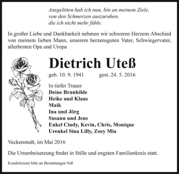 Traueranzeige von Dietrich Uteß  von Magdeburger Volksstimme