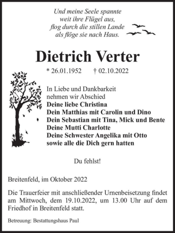 Traueranzeige von Dietrich Verter  von Magdeburger Volksstimme