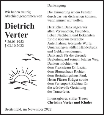 Traueranzeige von Dietrich Verter  von Magdeburger Volksstimme