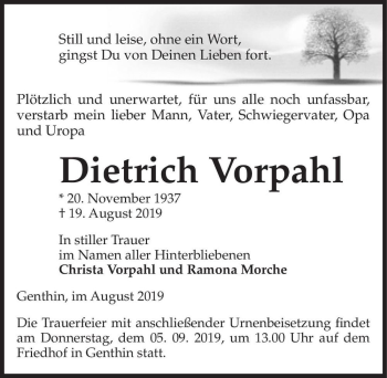 Traueranzeige von Dietrich Vorpahl  von Magdeburger Volksstimme