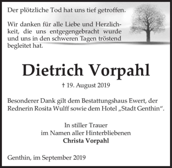 Traueranzeige von Dietrich Vorpahl  von Magdeburger Volksstimme