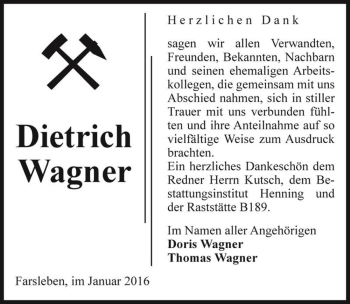 Traueranzeige von Dietrich Wagner  von Magdeburger Volksstimme