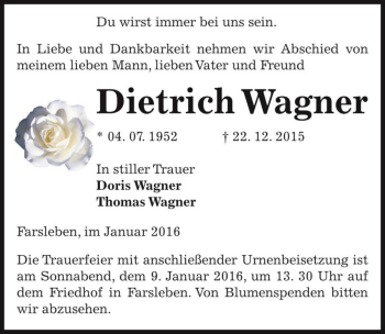 Traueranzeige von Dietrich Wagner  von Magdeburger Volksstimme