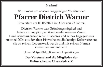 Traueranzeige von Dietrich Warner  von Magdeburger Volksstimme