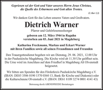 Traueranzeige von Dietrich Warner  von Magdeburger Volksstimme