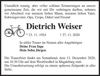 Traueranzeige von Dietrich Weiser  von Magdeburger Volksstimme