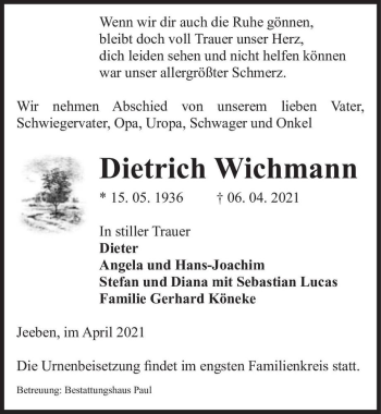 Traueranzeige von Dietrich Wichmann  von Magdeburger Volksstimme