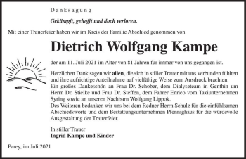 Traueranzeige von Dietrich Wolfgang Kampe  von Magdeburger Volksstimme