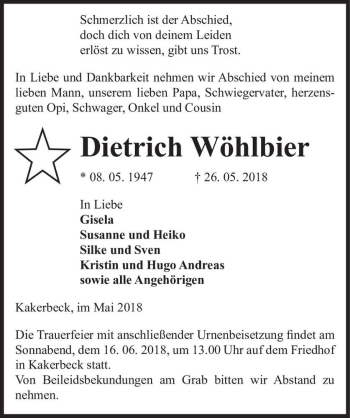 Traueranzeige von Dietrich Wöhlbier  von Magdeburger Volksstimme