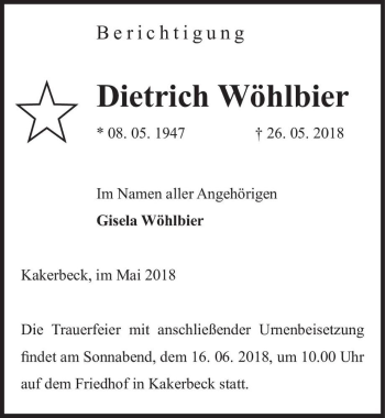 Traueranzeige von Dietrich Wöhlbier  von Magdeburger Volksstimme