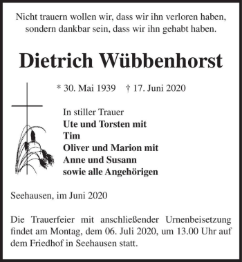 Traueranzeige von Dietrich Wübbenhorst  von Magdeburger Volksstimme